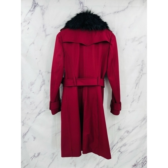 Runway New York Faux Fur Double Breasted Trench Coat Deep Red - Picture 5 of 6